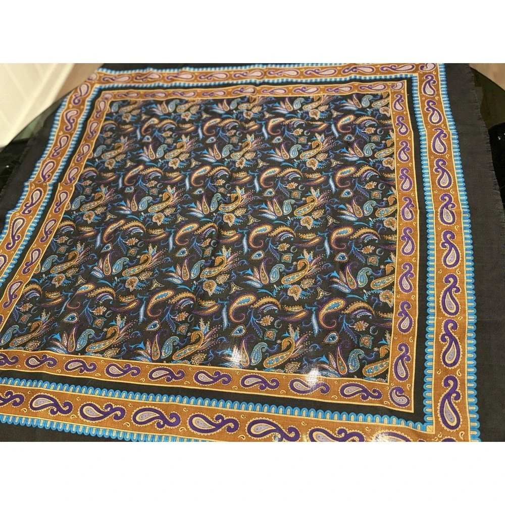 Vintage Casca for Magid Wool Scarf Black Paisley Dark Academia Fringe Square‎
